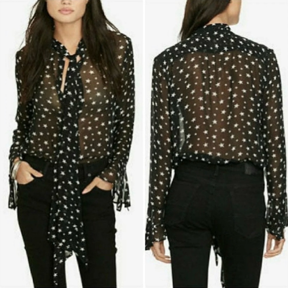 Denim &Supply 100% silk  Black Star Print Sheer Blouse